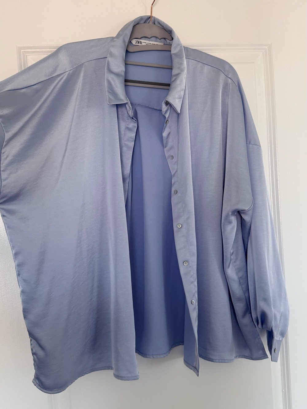 Zara Pale Blue Satin Oversized Button-Down Shirt